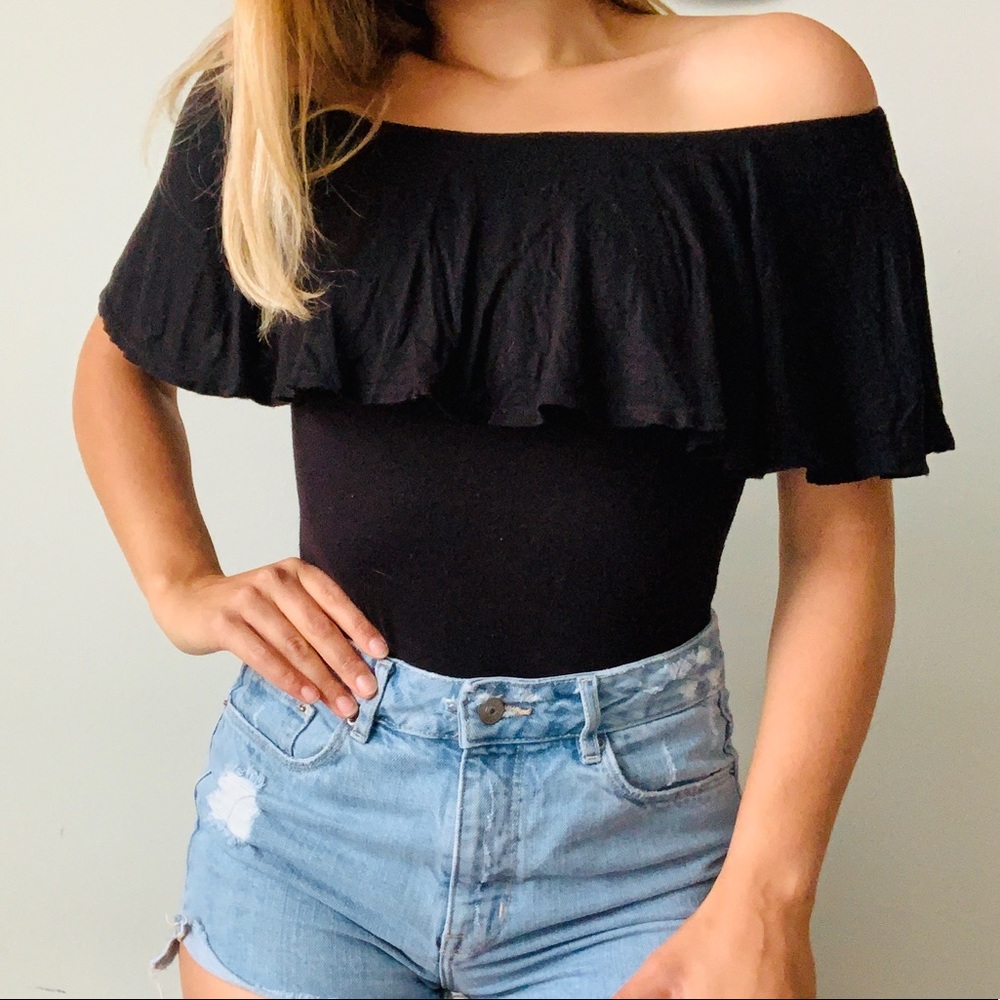 Hummingbird Black Off Shoulder Ruffled Bodysuit